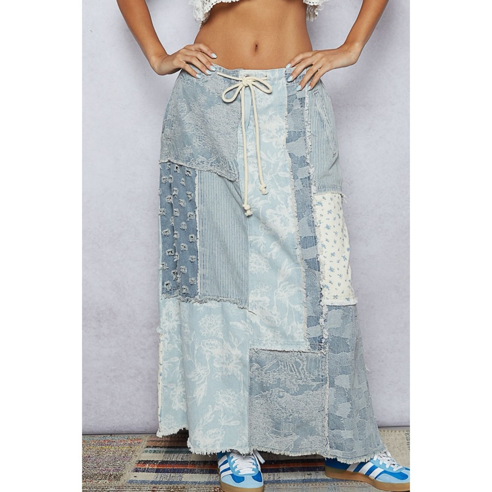 POL Maxed Out Corded Waist Patchwork Denim Skirt
